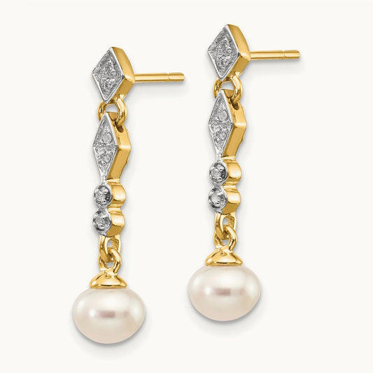 w/Rhodium 5- Semi-round FWC Pearl .04ct Diamond Earrings, 6mm, 14K