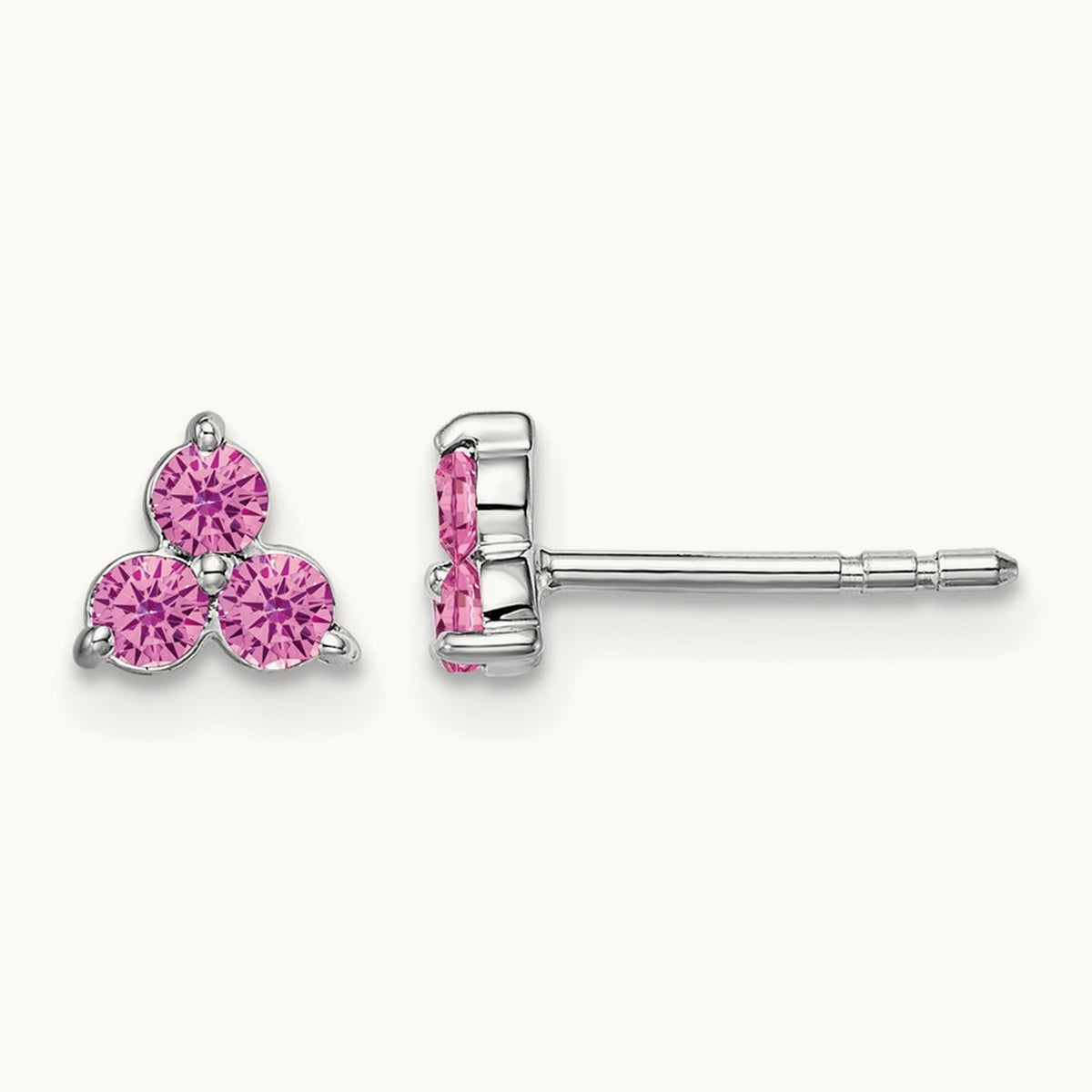 3-stone Created Pink Sapphire Triangle Earrings, 14K White Gold
