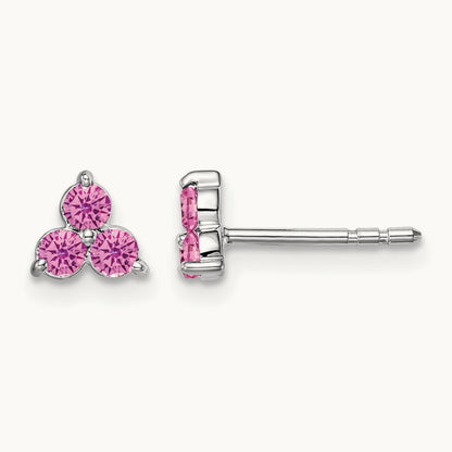 3-stone Created Pink Sapphire Triangle Earrings, 14K White Gold