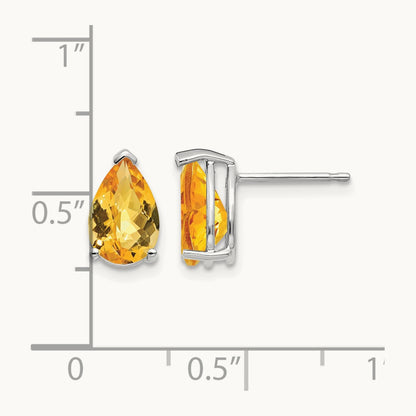 9x6mm Pear Citrine Checker Earrings, 14K White Gold