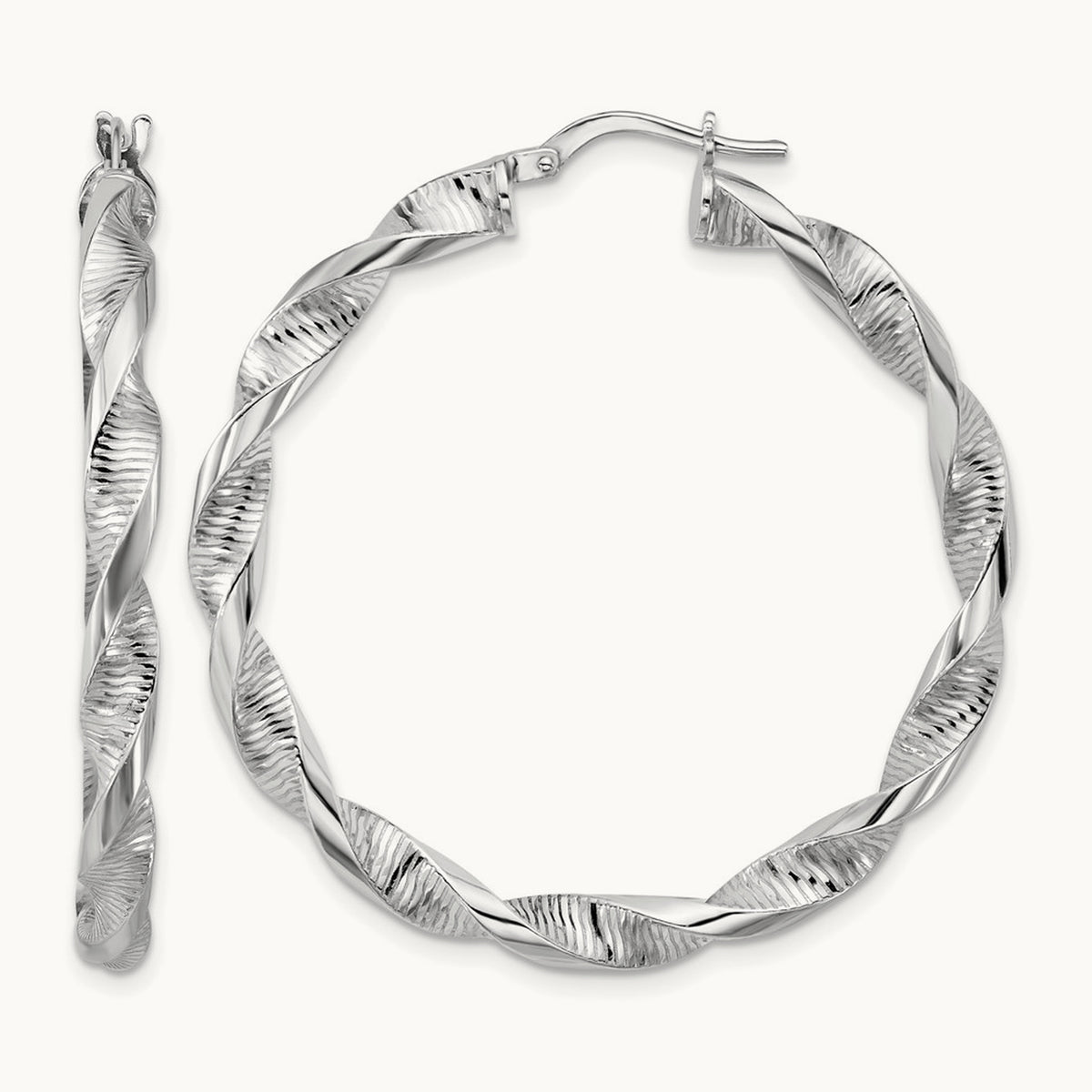 Rhodium-plated Polish/Textured Twist Hoop Earrings — 43mm