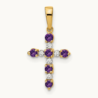 Amethyst and Diamond Cross Pendant — 14K Yellow Gold