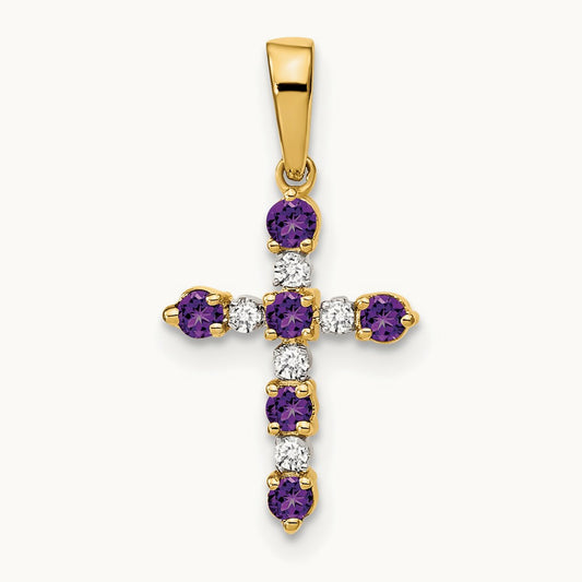 Amethyst and Diamond Cross Pendant — 14K Yellow Gold