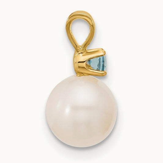 7- White Round FWC Pearl Swiss Blue Topaz Pendant, 7.5mm, 14K