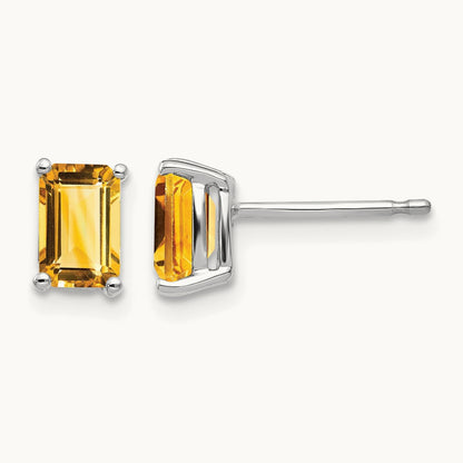 6x4mm Emerald Cut Citrine Earrings, 14K White Gold