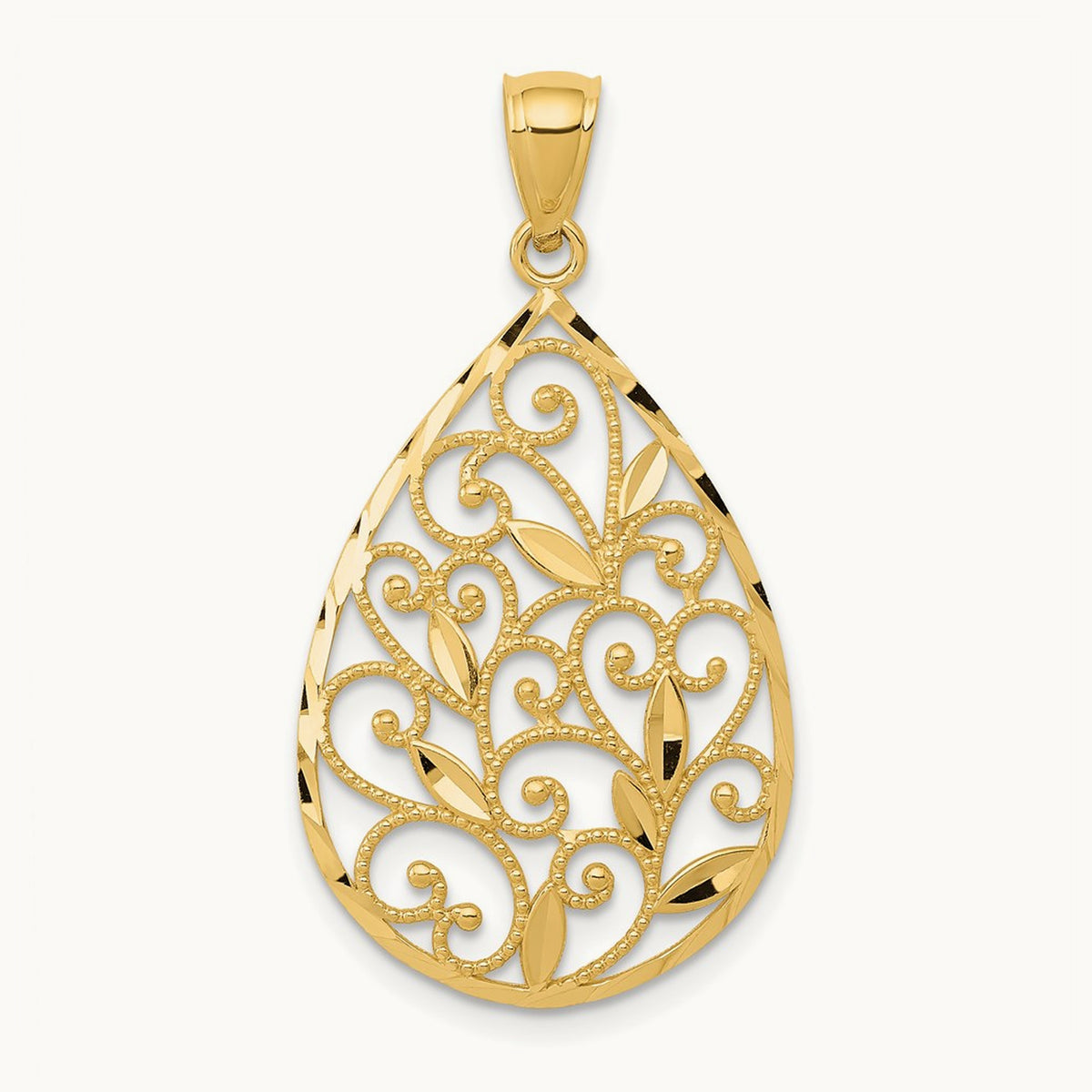 Polished / Textured Filigree Teardrop Pendant, 14K Gold