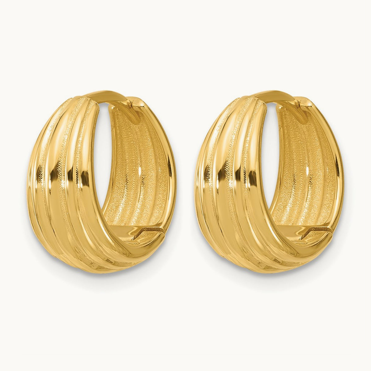 Polished/Grooved Round Huggie Hoop Earrings — 14K Yellow Gold