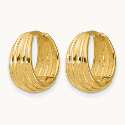 Polished/Grooved Round Huggie Hoop Earrings — 14K Yellow Gold