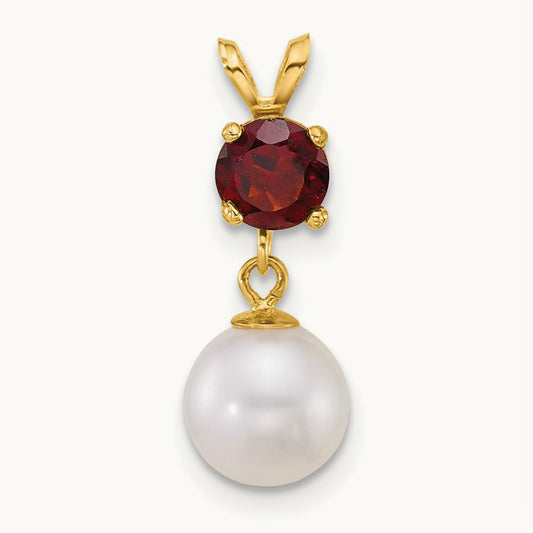 7- Round White FWC Pearl and Garnet Pendant, 8mm, 14K