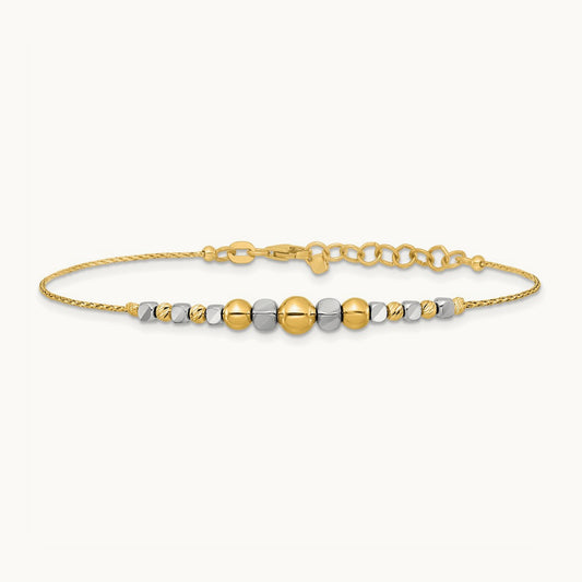Polished Diamond-cut Beaded 7in w/1in ext. Bracelet, 14K Two-tone
