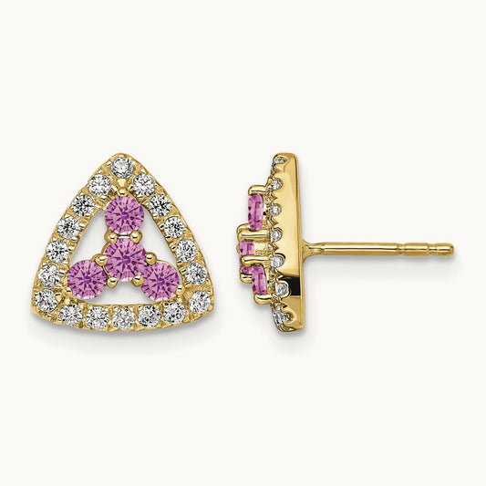 Created Pink Sapphire Triangle Post Earrings, 0.25 ct tw Lab-Grown Diamond — 14K Yellow Gold