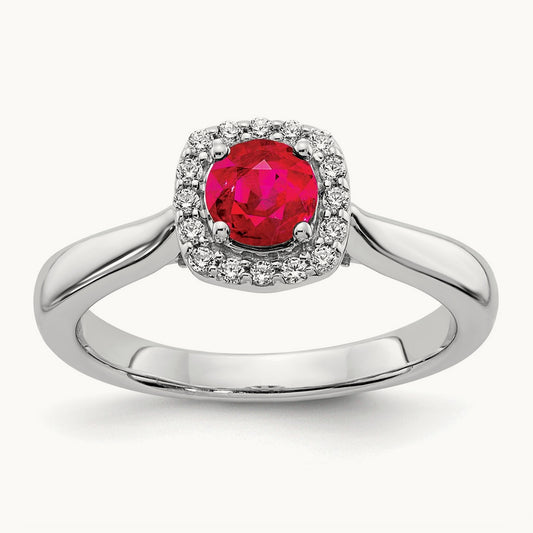 Diamond and Ruby Halo Ring, 14K White Gold