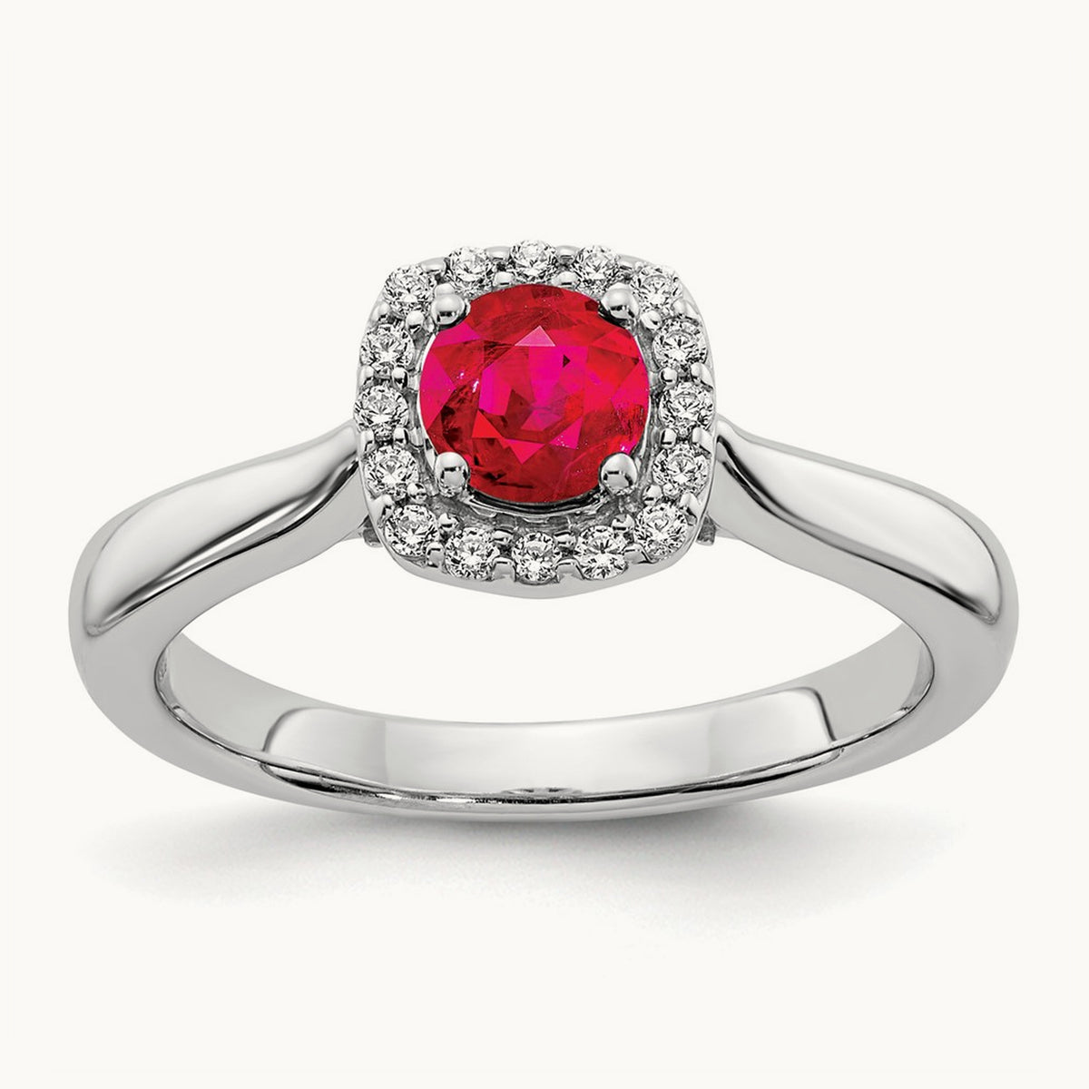 Diamond and Ruby Halo Ring, 14K White Gold