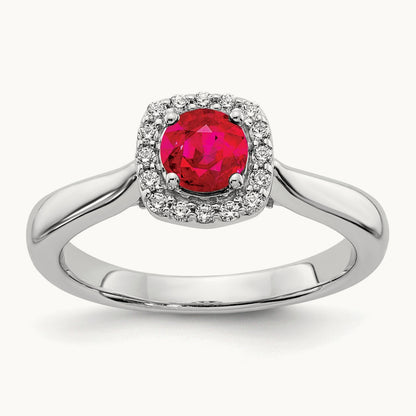 Diamond and Ruby Halo Ring, 14K White Gold