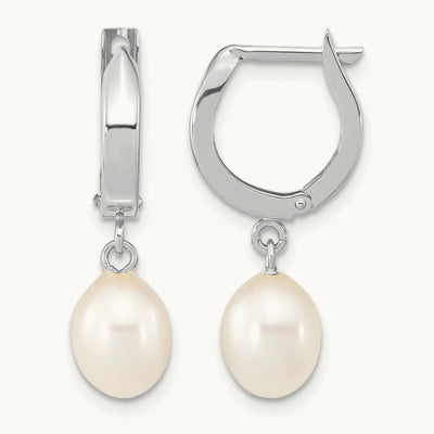 6- Teardrop White FWC Pearl Hoop Dangle Earrings, 7mm, 14K White Gold