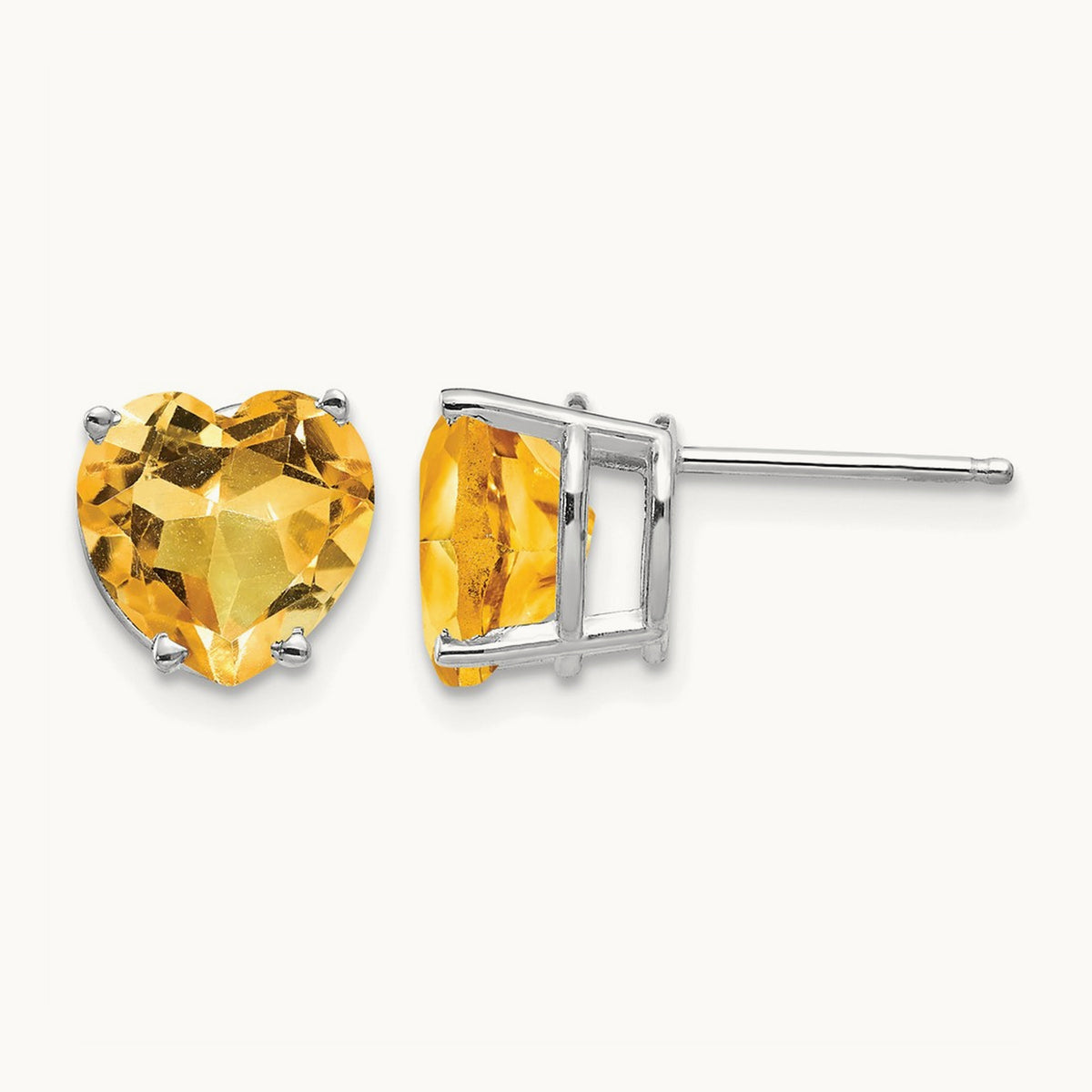 Heart Citrine Earrings, 8mm, 14K White Gold