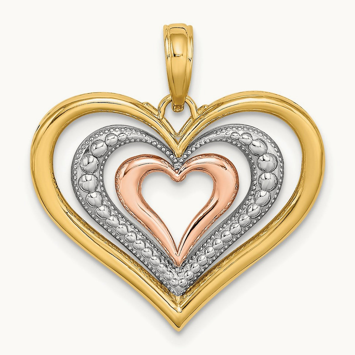 Rhodium Textured and Polished Triple Hearts Charm, 14K Two-tone White