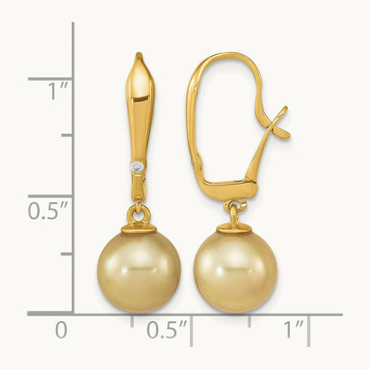 9- Round Golden Saltwater South Sea Pearl .02ct Dia. Earrings, 10mm, 14K