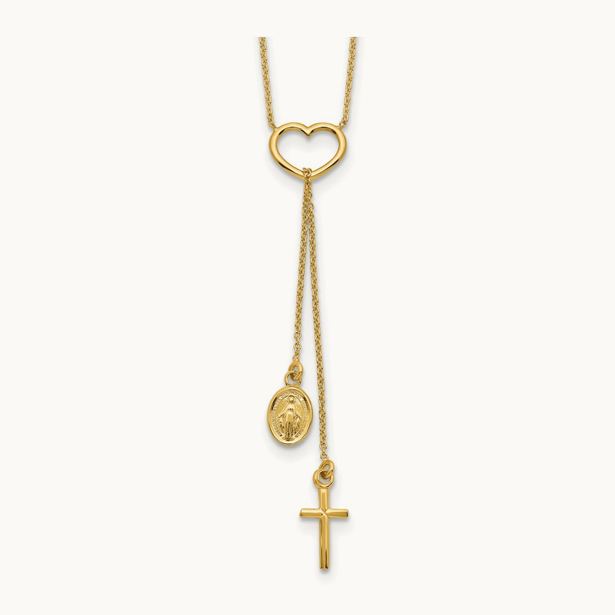 Polished Heart with Dangle Cross and Religious Medal Necklace, 14K