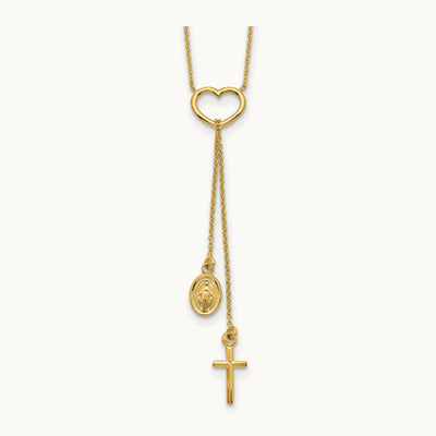 Polished Heart with Dangle Cross and Religious Medal Necklace, 14K