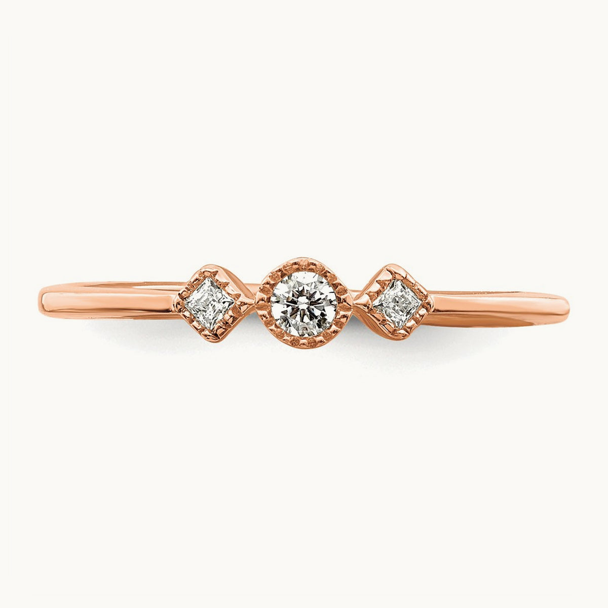Petite Beaded Edge Round/Princess Complete Diamond Ring — 14K Rose Gold, 7