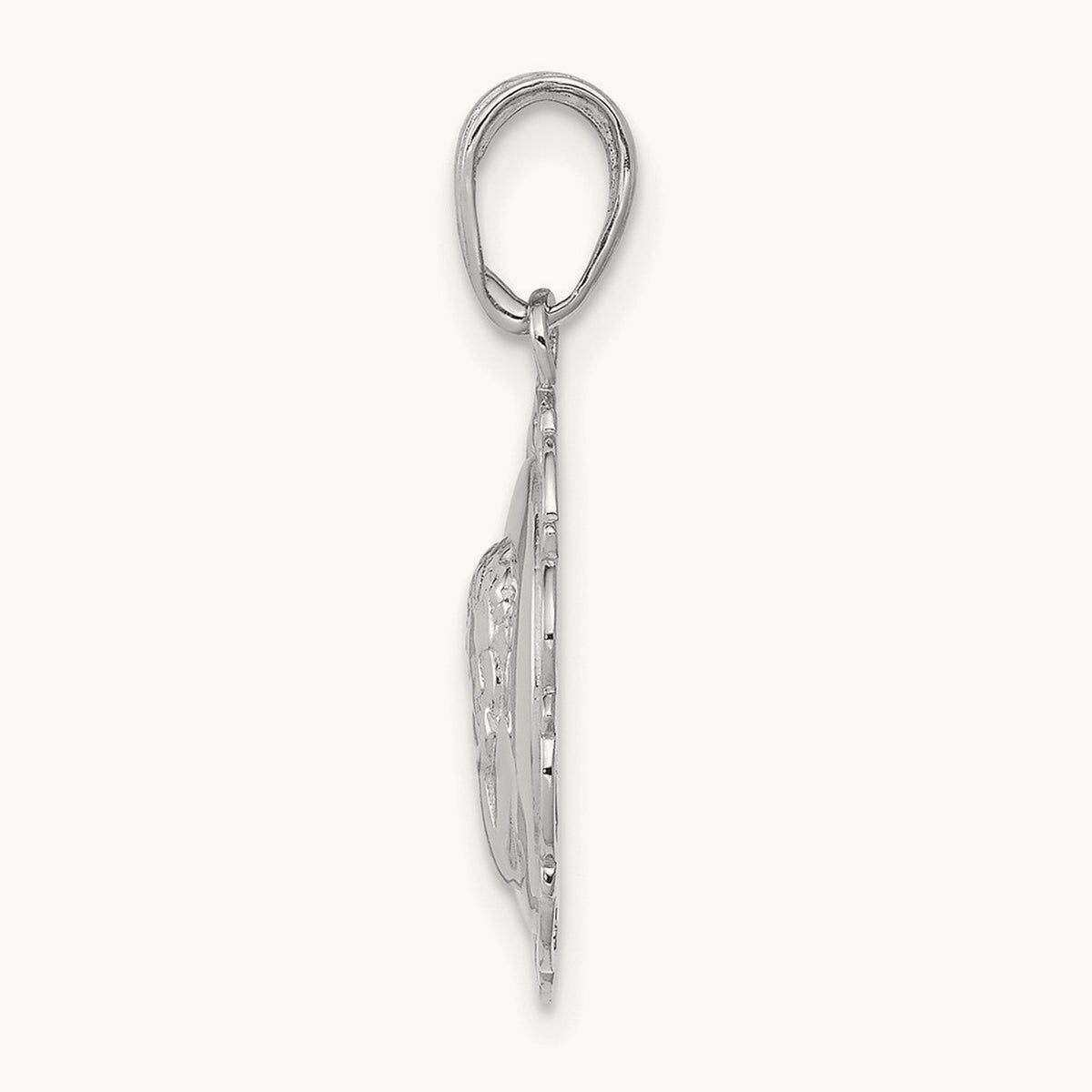 Polished Angel On Round Scallop Frame Pendant — 14K White Gold