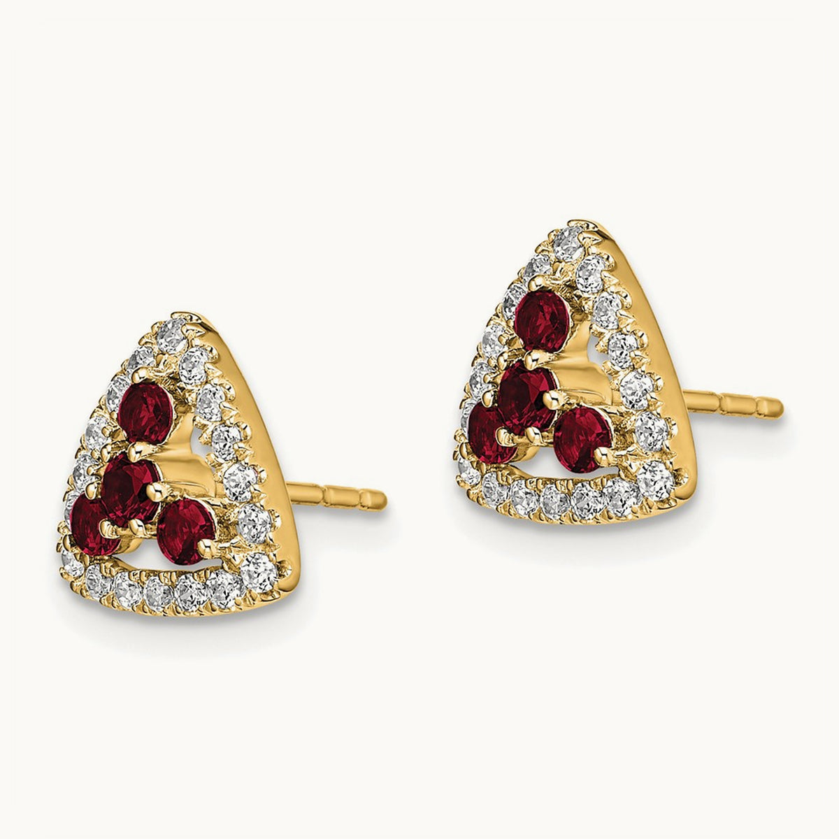 Created Ruby Triangle Post Earrings, 0.25 ct tw Lab-Grown Diamond — 14K Yellow Gold