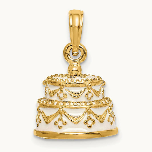 Polished Enameled JUST MARRIED 3-D Wedding Cake Pendant, 14K