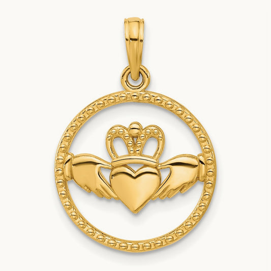 Polished Circle Claddagh Pendant, 14K