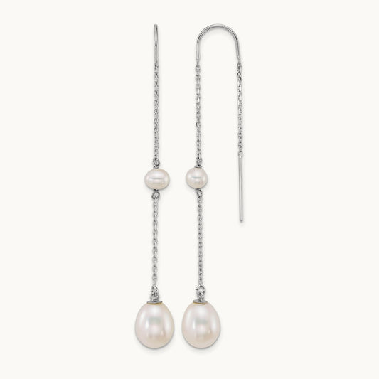 WG Near-Rnd/Teardrop White Freshwater Cultured Pearl Threader Earrings, 14K