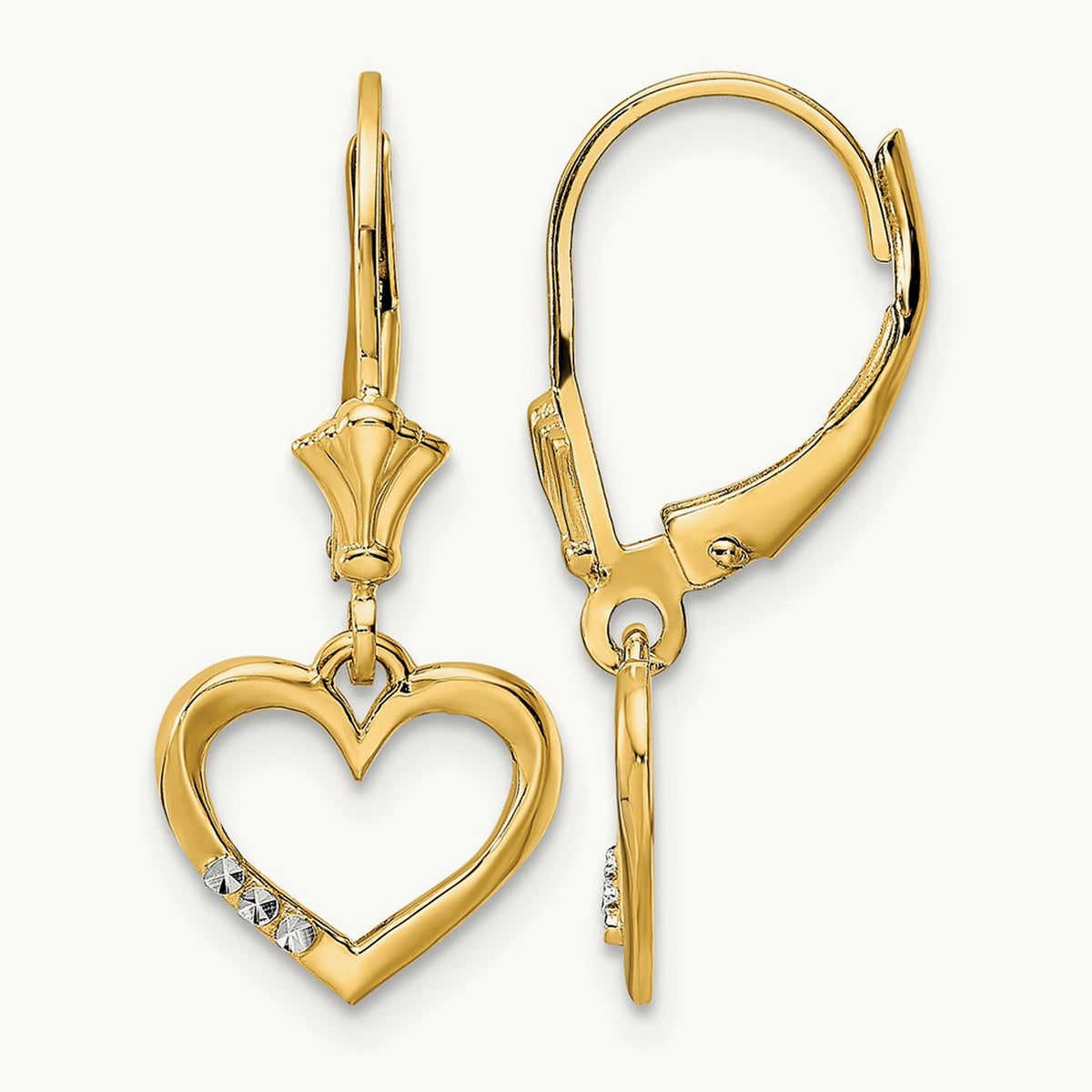 Diamond-cut Heart Leverback Earrings with white rhodium — 25mm