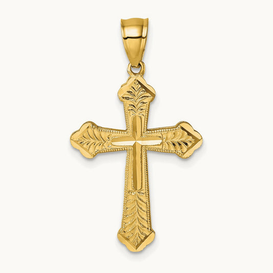 Polished Diamond-cut Textured Fancy Cross Pendant — 14k Yellow Gold