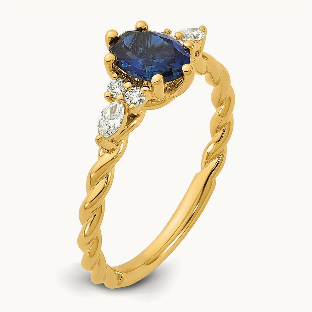 Polished Diamond and Lab Created Sapphire Twisted Ring — 14K Yellow Gold