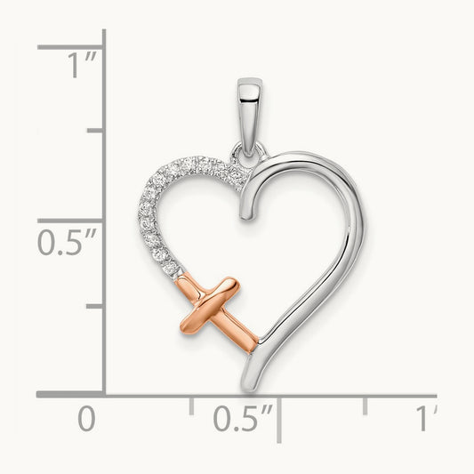 Heart w/Cross Diamond Pendant, 14K Two-tone White with Rose