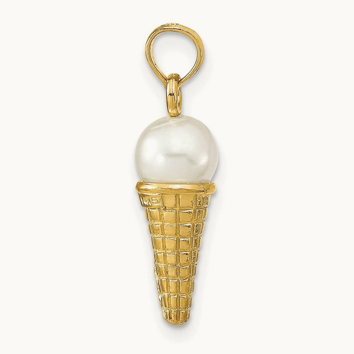 Satin Polished 3D White Bead Ice Cream Cone Pendant, 14K