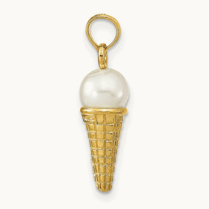 Satin Polished 3D White Bead Ice Cream Cone Pendant, 14K