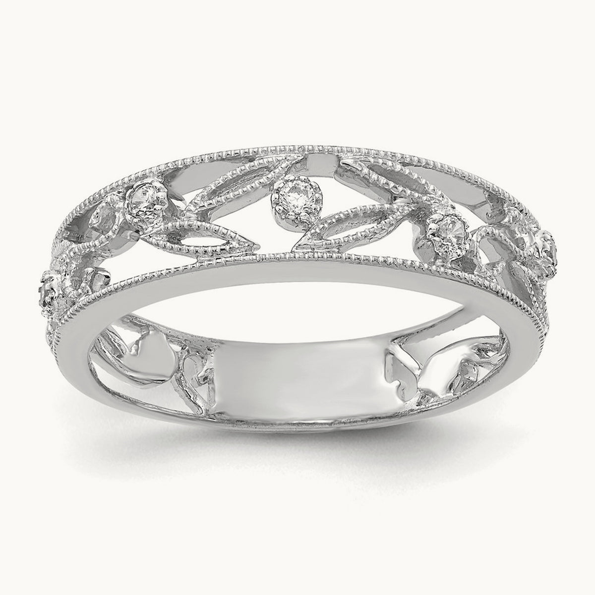 Flower Vine Design Diamond Ring — 14K White Gold, 6