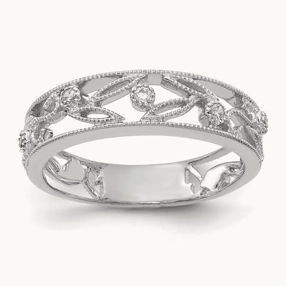 Flower Vine Design Diamond Ring — 14K White Gold, 6