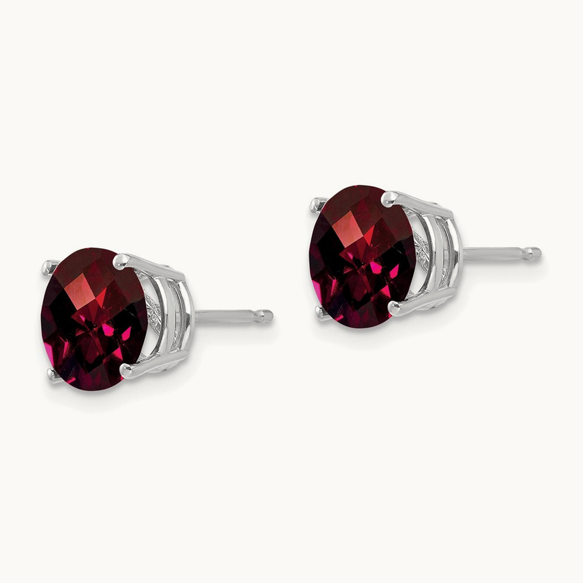 Garnet Checker Earrings, 8mm, 14K White Gold
