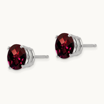 Garnet Checker Earrings, 8mm, 14K White Gold