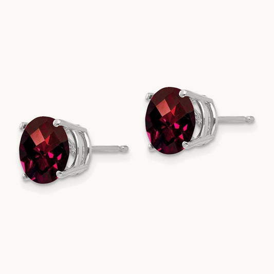 Garnet Checker Earrings, 8mm, 14K White Gold