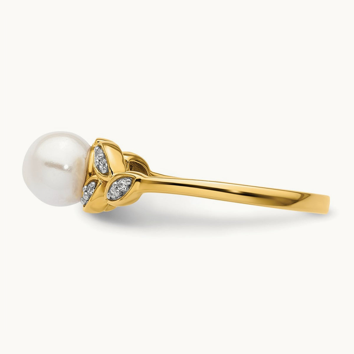 Polished Diamond and Pearl Leaf Fashion Ring, 14K