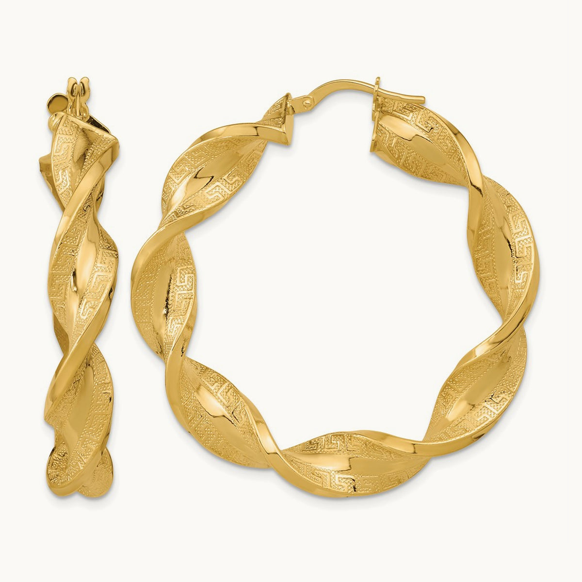 Polished & Greek Satin Twisted Hoop Earrings, 14K