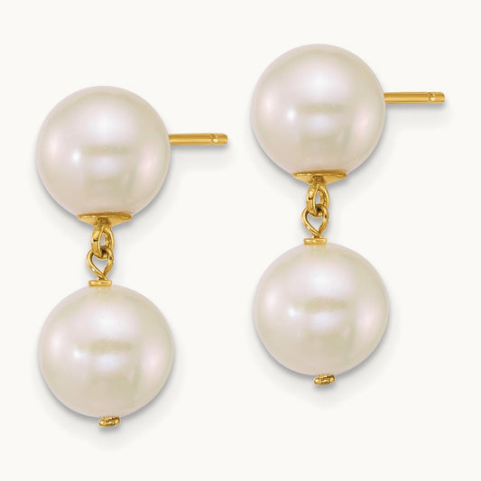 7- Round White FW Cultured 2 Pearl Dangle Post Earrings, 8mm, 14K