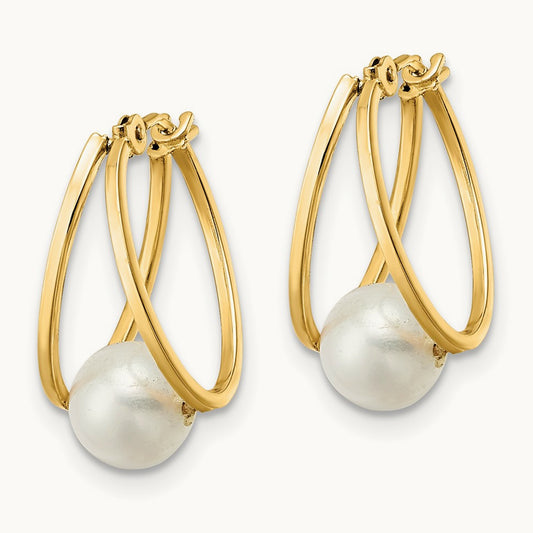 Polished Freshwater Cultured Pearl Hoop Earrings, 14K