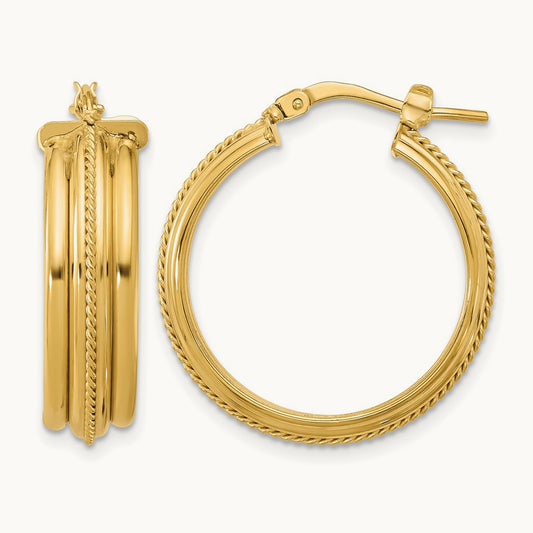 Polished and Textured Round Hoop Earrings, 14K — Leslie's