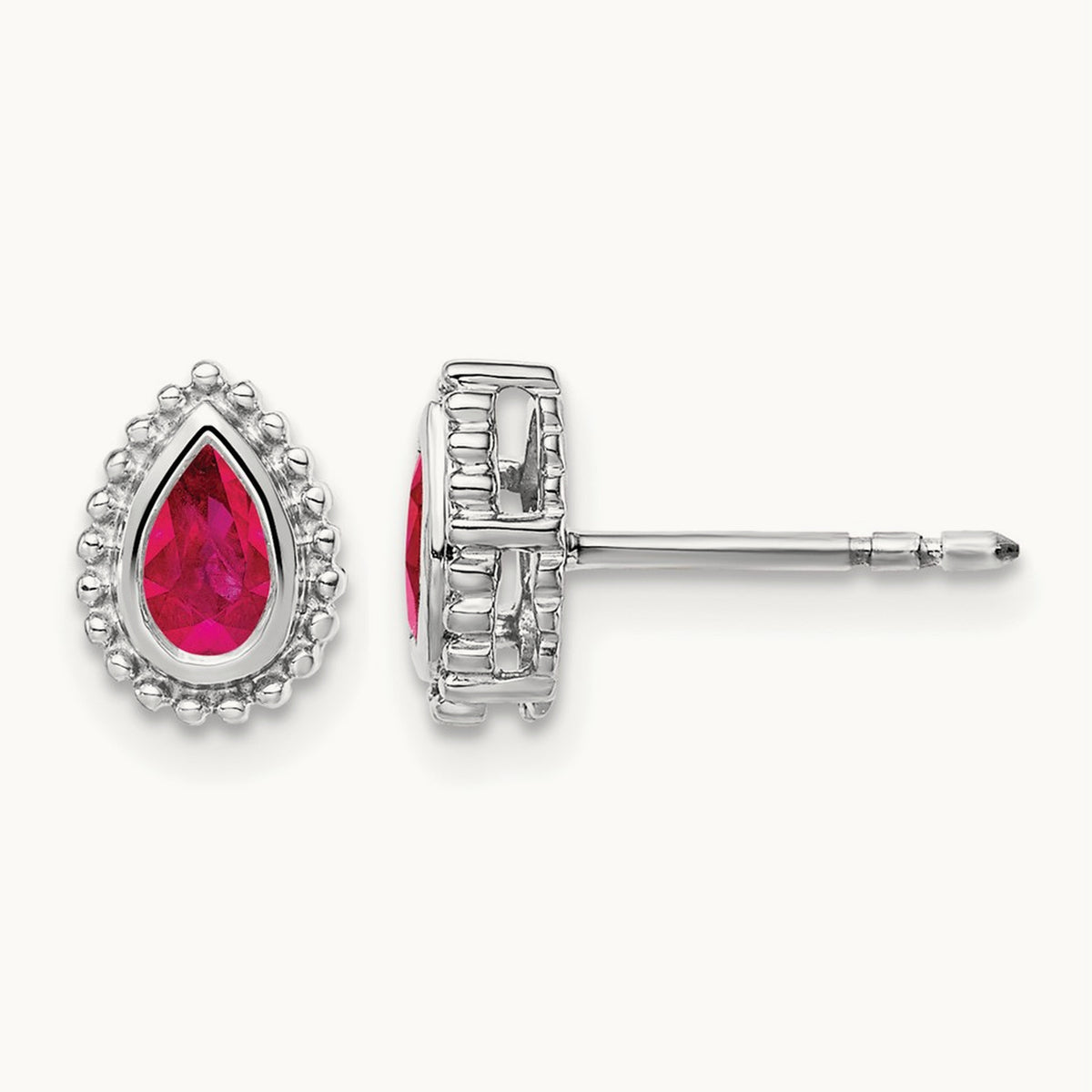 Pear Ruby Post Earrings — 14K White Gold