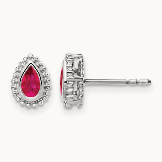 Pear Ruby Post Earrings — 14K White Gold