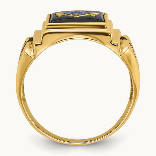 Men's Polished and Textured with Black Enamel and Onyx Masonic Ring, 14K