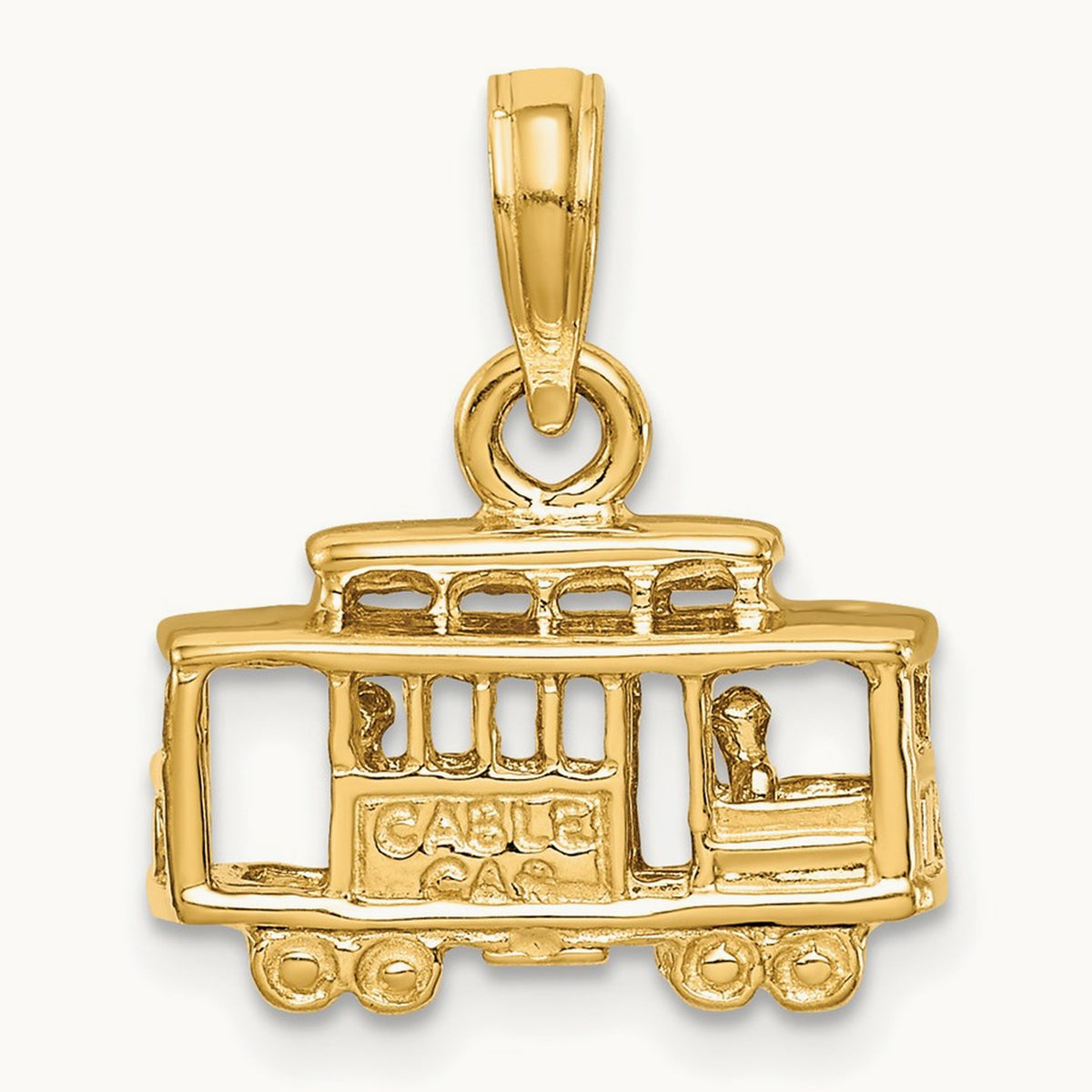 Solid Polished 3-D Trolley Car Pendant, 14K